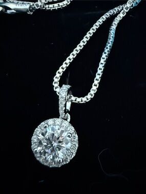 Moissanite 925 Sterling Silver Halo Pendant Necklace with Clear Crystal - White